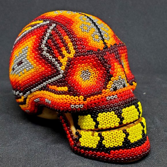 Huichol Beaded Skull on carved fish bone. ~ Handcrafted by Huichol artist - Picture 1 of 9